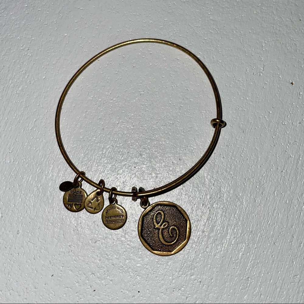 Alex and Ani Cursive E Letter Bracelet Bangle Gold Charm